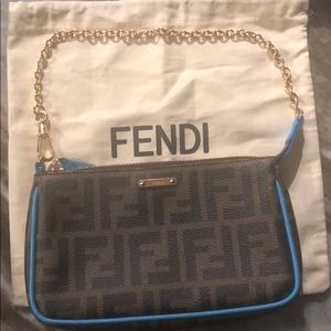 Fendi Blue trim Zucca chain pochette/wristlet